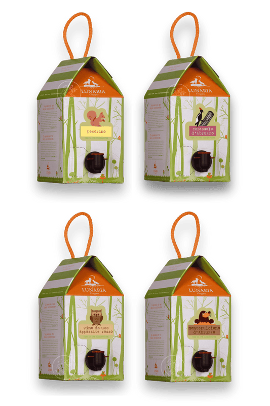 Cartone Misto da 4 Bag in Box Lunaria Orsogna Montepulciano, Rosso da Uve Appassite, Cerasuolo e Pecorino